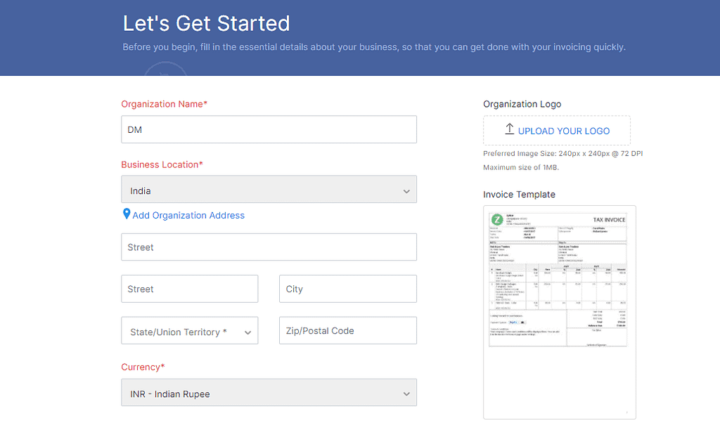 Zoho Invoice - Lets Get Started Page