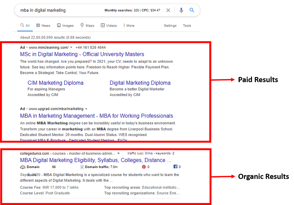 Search engine results page displaying paid and organic search results
