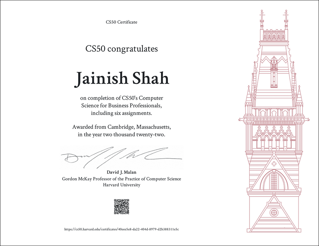 CS50 Certificate - Jainish Shah
