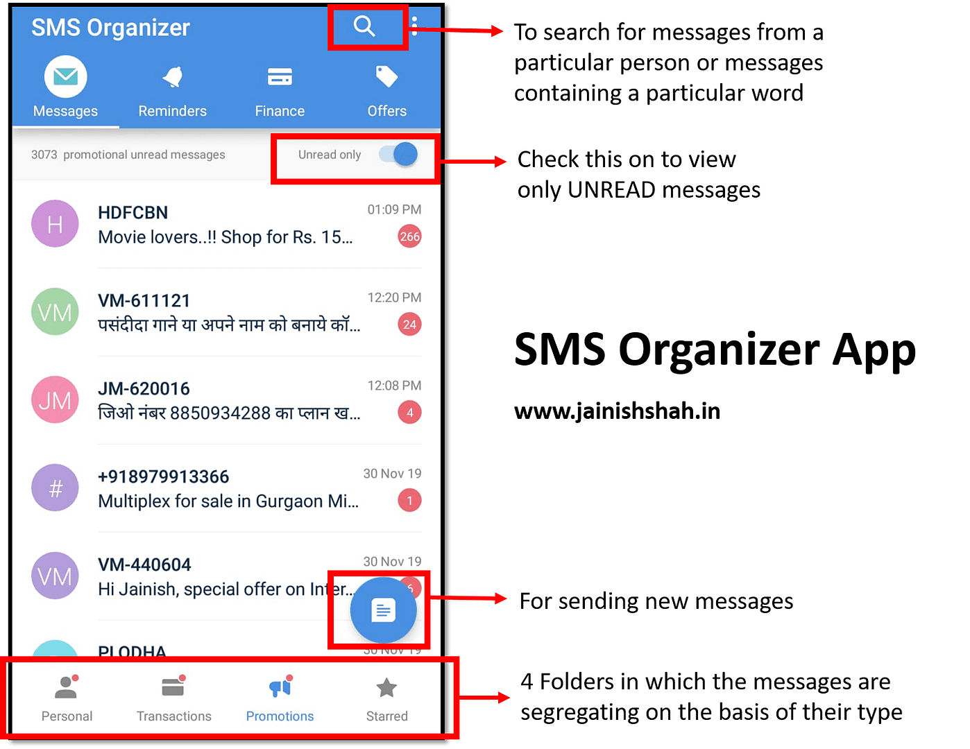 SMS Organizer App Interface