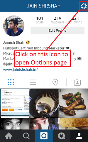 Icon to open Options page in Instagram
