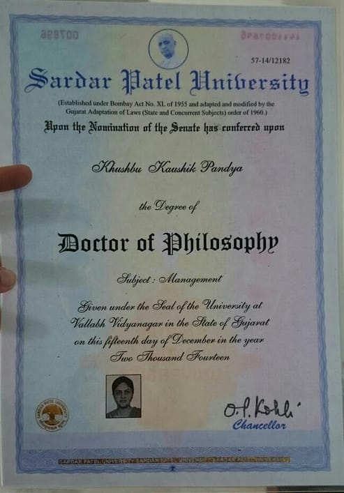 Dr Khushbu Pandya's PhD Degree