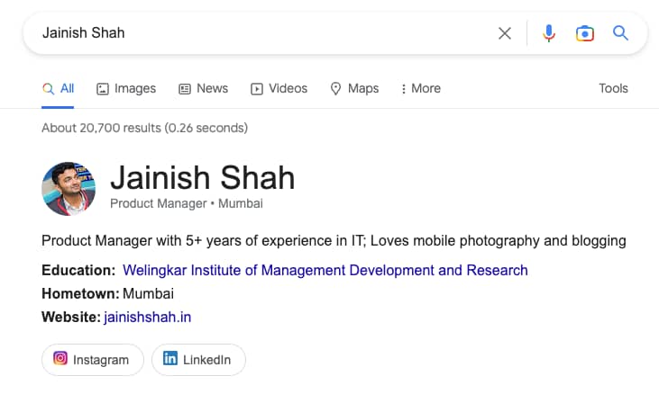 Google People Card of Jainish Shah showcasing his information