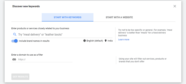 Discover new keywords screen in Google Keyword Planner