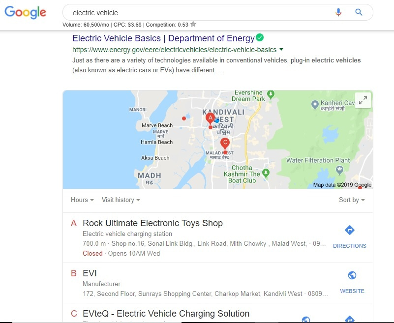keyword electic vehicle searched on google