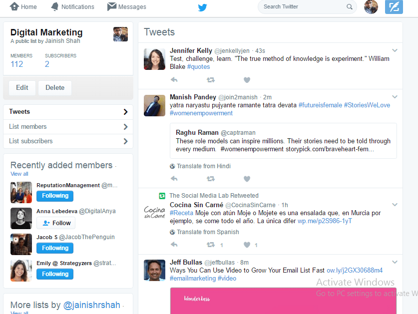 twitter lists page