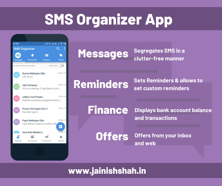 SMS Organizer App consists of 4 sections - Messages, Reminders, Finance and Offers